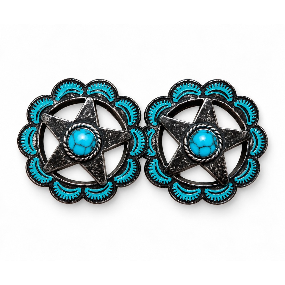 Turquoise Western Star Concho Stud Earrings Copper Patina Cowgirl Texas